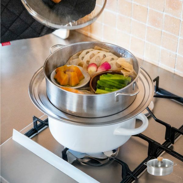 スイス製ステンレススチール 蒸し器 (茶碗蒸し８個一気に調理可！) BWSセレクション すっきり暮らす ステンレスせいろ 浅型 仕切り板無し